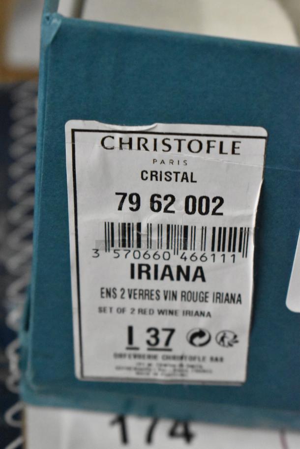 Christofle Iriana set of 2 red wine glasses in box. Label displays product code 79 62 002 and barcode.