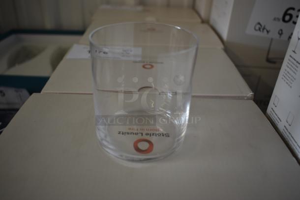 Clear glass tumbler, Stolzle Lausitz brand, "Born in Fire" marking, pristine condition, on boxes.