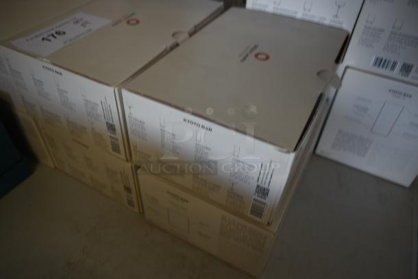 Boxes labeled "Kyoto Bar" glassware set, new condition, with product details and barcode visible.