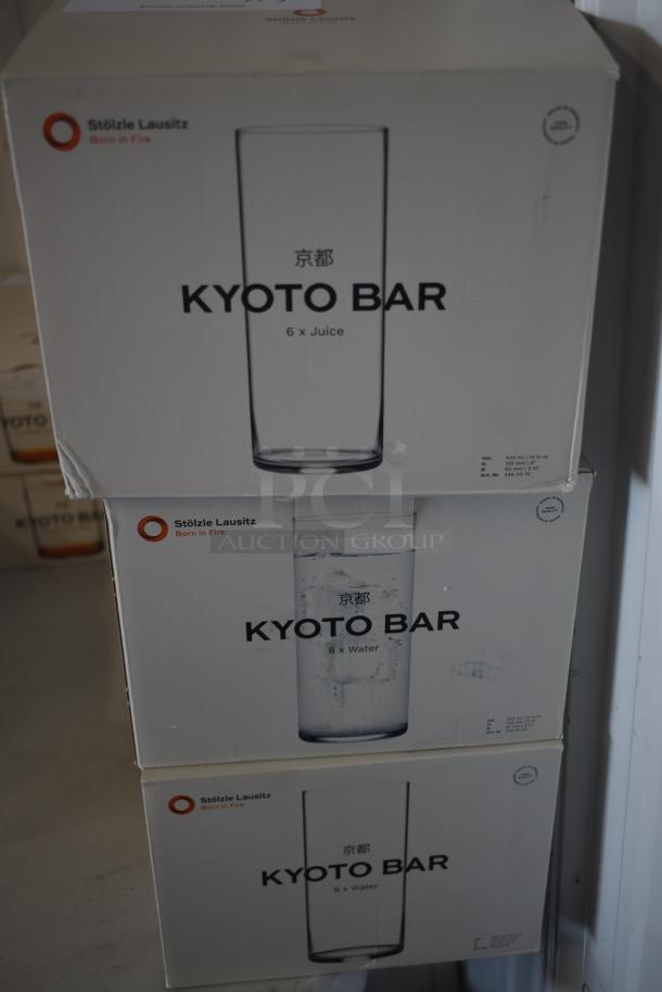 Stölzle Lausitz Kyoto Bar glass sets, includes 6 juice and 6 water glasses, new in boxes, marked "Born in Fire."