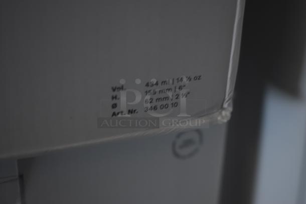 Box with specifications: volume 434 ml, height 155 mm, diameter 62 mm, Art. Nr. 346 00 10.