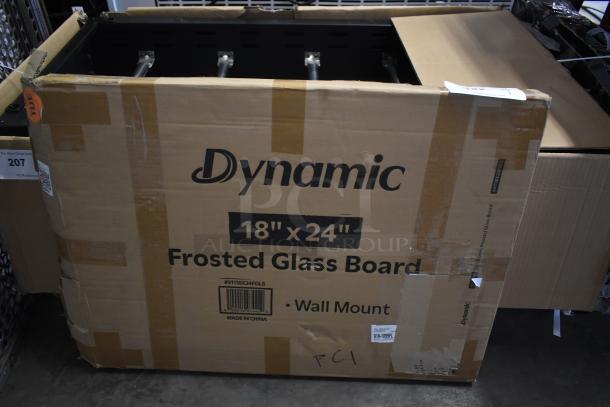 Dynamic 18"x24" wall mount frosted glass board in original packaging; condition appears new with visible product labels.