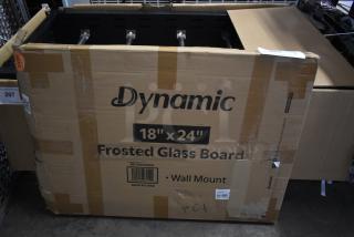 Dynamic 18"x24" wall mount frosted glass board in original packaging; condition appears new with visible product labels.