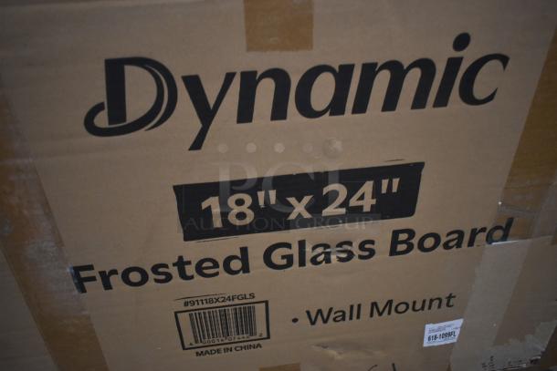 Dynamic 18"x24" Frosted Glass Board in original packaging, wall mount, model #91118X24FGLS, Made in China.