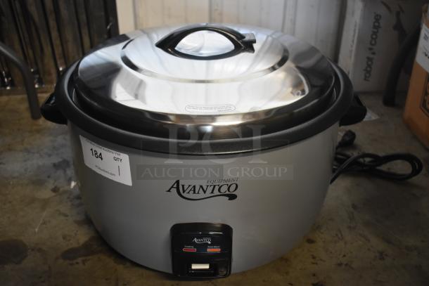 Avantco rice cooker, silver with black accents, model features cook and keep warm functions. Appears in good condition. Auction tag 184.