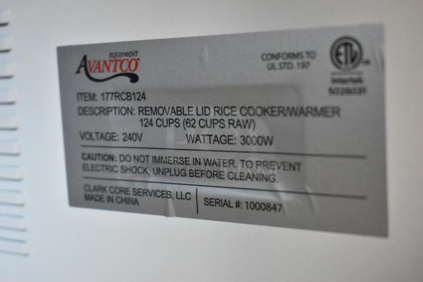 Avantco removable lid rice cooker/warmer label. Capacity: 124 cups, Voltage: 240V, Wattage: 3000W. Serial: 1000847. Made in China.