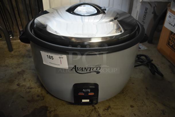 Avantco rice cooker, stainless steel lid, model number not visible, auction tag 185, used condition, electric cord attached.