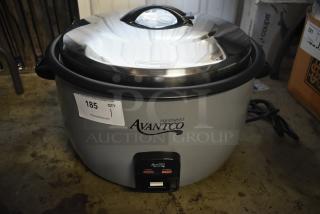 Avantco rice cooker, stainless steel lid, model number not visible, auction tag 185, used condition, electric cord attached.