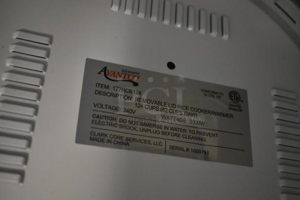 Avantco rice cooker label, item 177RCB124, 124 cups capacity, 240V, 3000W, made in China, caution warnings visible.