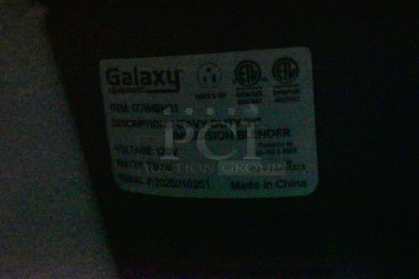 Label on Galaxy immersion blender, model 177MBP21; heavy-duty 21-inch, 750W, 120V; made in China. Serial: F206501021.