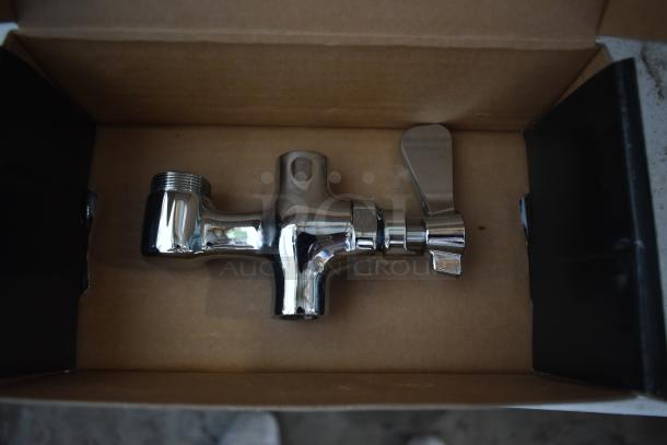 Chrome-plated faucet valve in a box, featuring a side lever handle, new condition, ideal for plumbing installation.