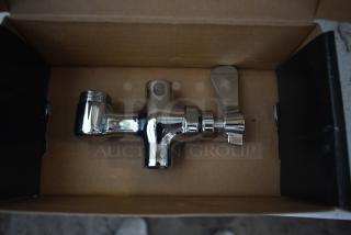 Chrome-plated faucet valve in a box, featuring a side lever handle, new condition, ideal for plumbing installation.