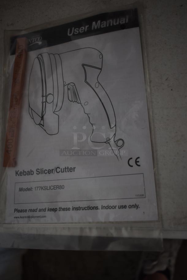 User manual for Kebab Slicer/Cutter, model 177KSLICER80, by Avantco Equipment. Suitable for indoor use only.