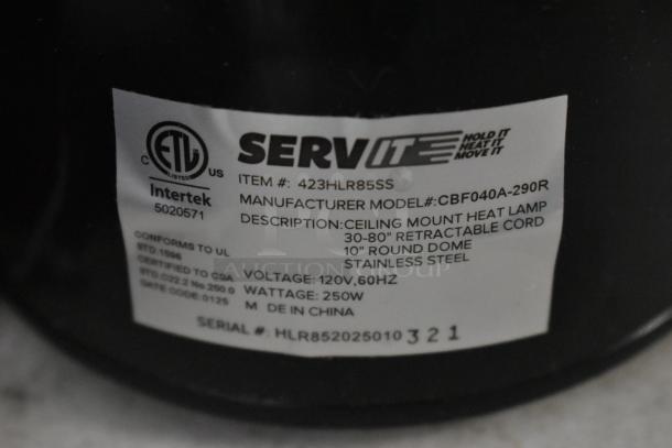 Label for ServIt ceiling mount heat lamp, model CBF040A-290R, stainless steel, 30-80" retractable cord, 250W, 120V, ETL listed.
