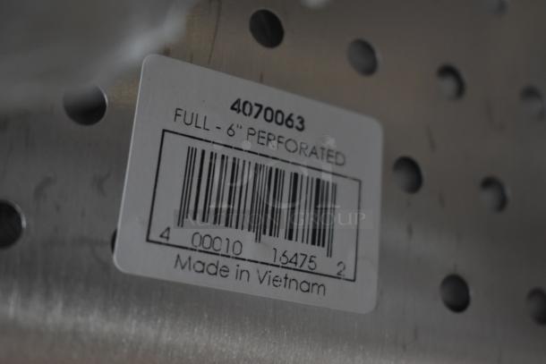 Perforated metal sheet with product label: "4070063 FULL - 6" PERFORATED, Made in Vietnam."