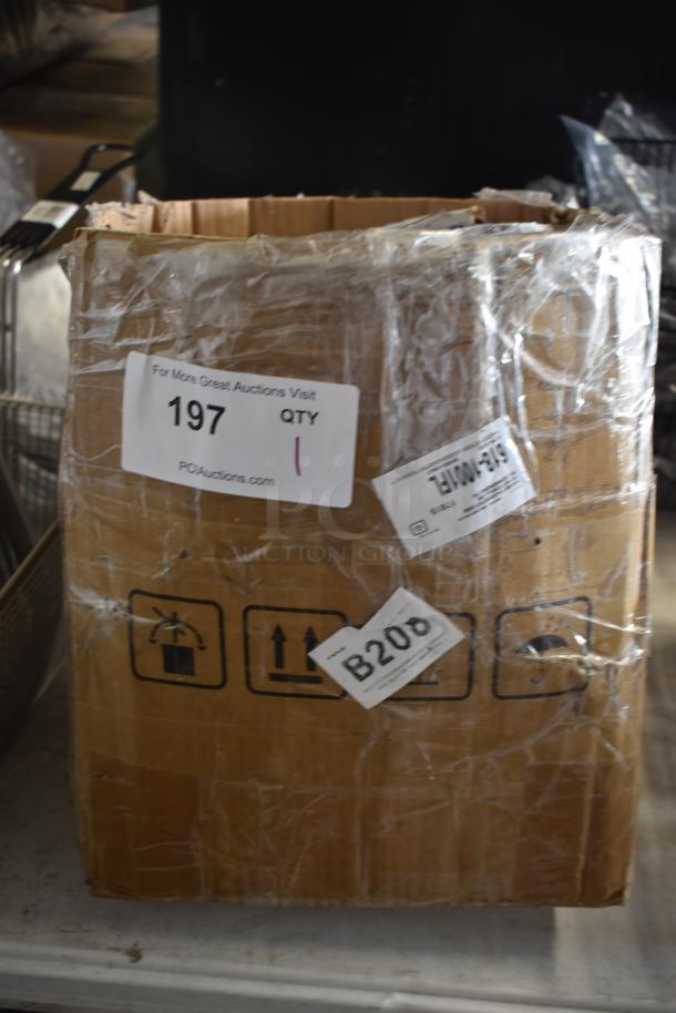 Cardboard box with shipping labels and tape, marked "B208" and "197 QTY 1" from PDI Auctions, in used condition.
