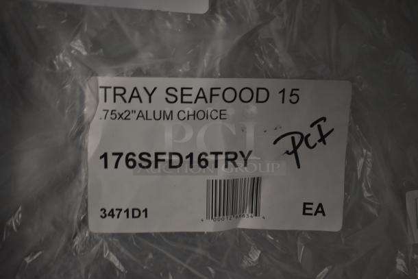 Label for seafood tray, model 176SFD16TRY, size 0.75x2" alum, marked "PCF", barcode visible, item code 3471D1.