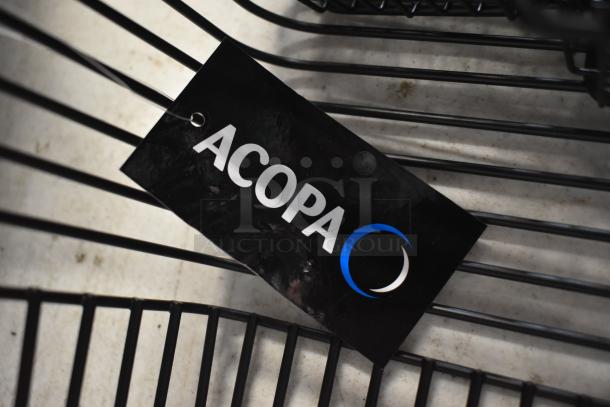 Acopa wire basket with black and blue label, featuring the Acopa logo. Sturdy construction, ideal for storage.