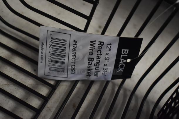 Black rectangular wire basket, 12"x9"x3.5". Tag shows #176RECT1293, barcode, made in China.
