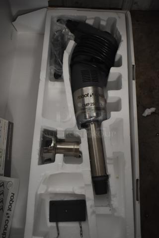 Robot Coupe CMP 250 V.V. Immersion Blender in original packaging, includes blending shaft and accessories, excellent condition.