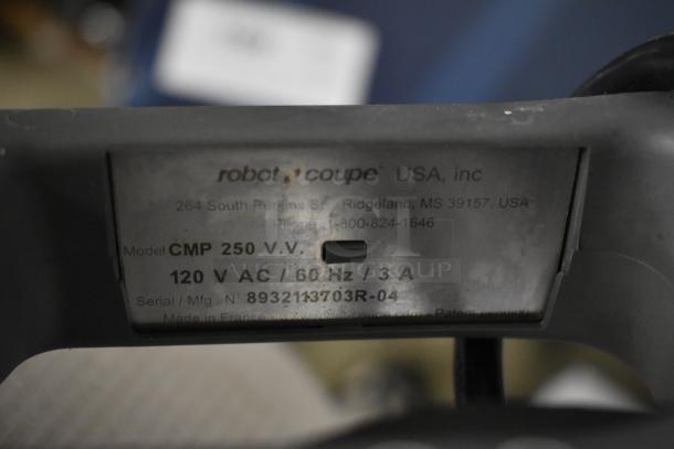 Robot Coupe mixer label, model CMP 250 V.V., 120V AC, serial 893213703R-04, indicates commercial kitchen equipment.