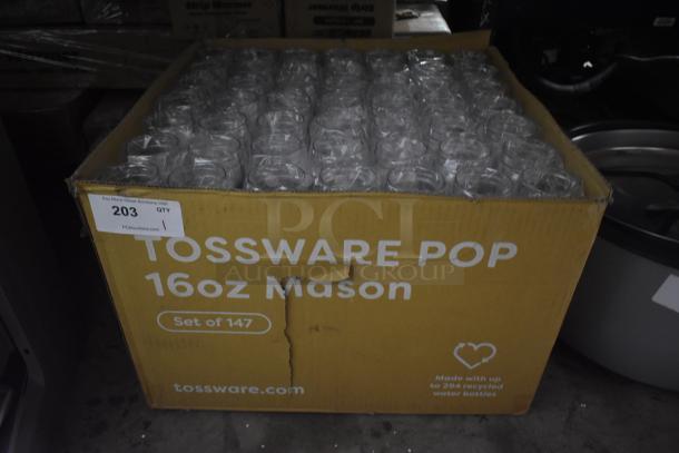 Box of Tossware Pop 16oz Mason jars, set of 147, made from recycled materials, label indicates auction lot 203.