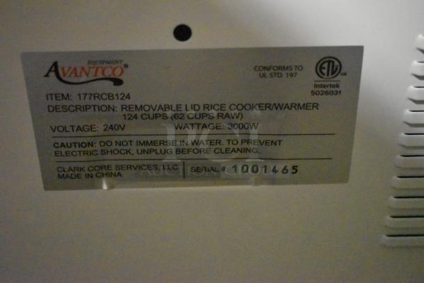Avantco 124-cup removable lid rice cooker/warmer, 240V, 3000W. Caution: Do not immerse in water. Serial #1001465.