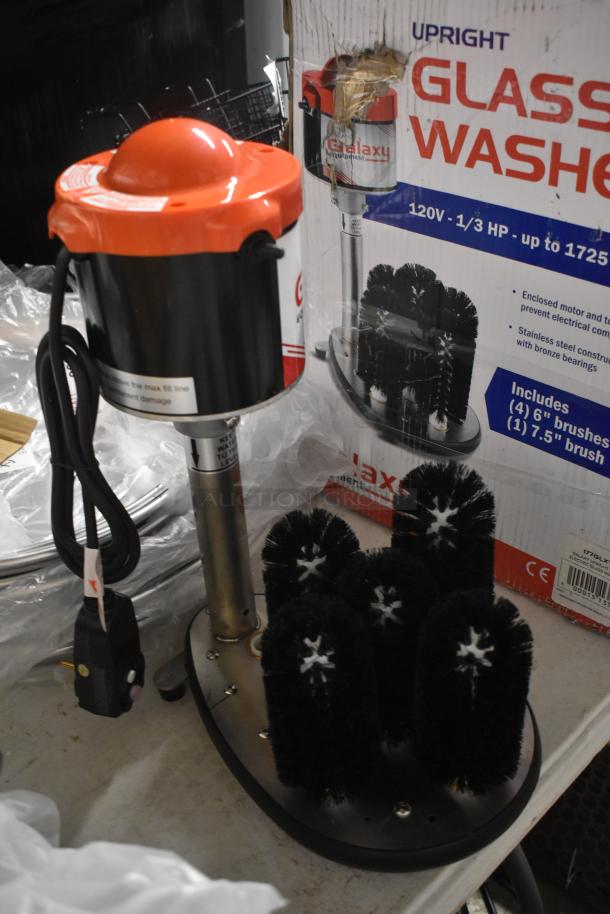 Galaxy upright glass washer, new in box, 120V, 1/3 HP, includes four 6” and one 7.5” brushes, stainless steel body.