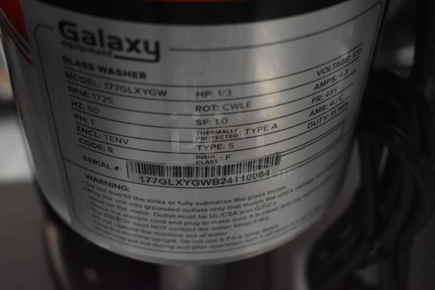 Close-up of Galaxy Glass Washer label. Model: 177GLXYGW, RPM: 1725, HP: 1/3, Voltage: 120V, Serial: 177GLXYGWB24110084.