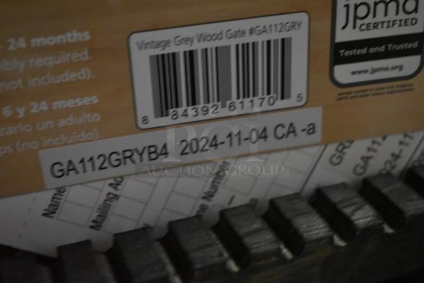 Vintage Grey Wood Gate with barcode #GA112GRY, labeled JPMA certified. Includes code GA112GRYB4, date 2024-11-04.