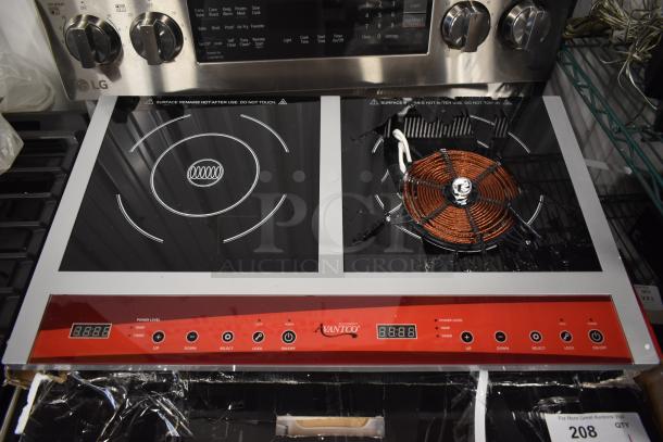 Avantco double induction cooktop, model ID18DB, with digital controls. One burner cracked, visible heating coil.