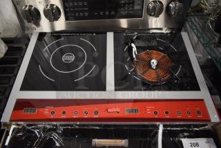 Avantco double induction cooktop, model ID18DB, with digital controls. One burner cracked, visible heating coil.