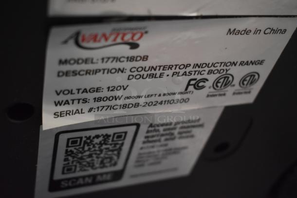 Avantco countertop induction range, model 177IC18DB, 120V, 1800W, made in China, serial #177IC18DB-2024110300.
