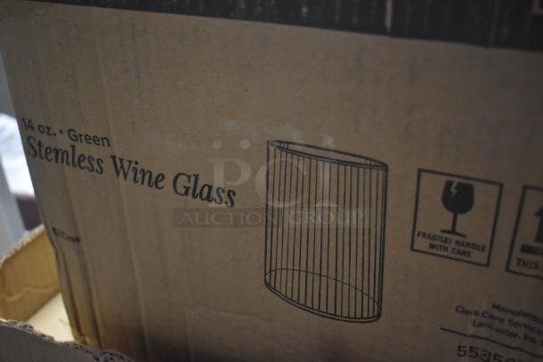 Cardboard box labeled "14 oz. Green Stemless Wine Glass" with a fragile symbol.