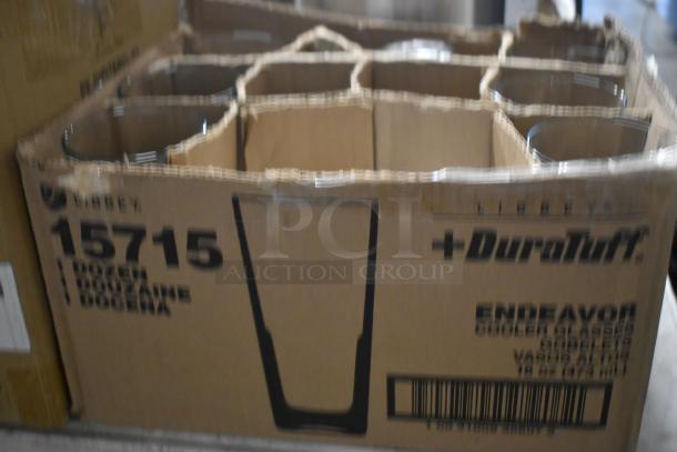 Libbey 15715 DuraTuff Endeavor glasses, 18 oz, boxed dozen. New condition, carton label shows item details and barcode.