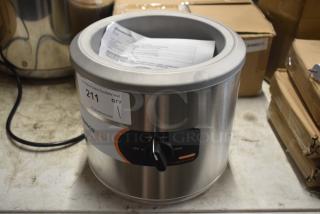 Stainless steel food warmer with adjustable temperature dial, model Bemco, in excellent condition, auction tag 211 visible.