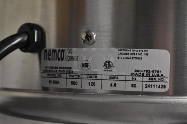 Nemco food equipment label, Model 6100A, 550 watts, 120 volts, 4.6 amps. Made in the USA. NSF and ETL certified.