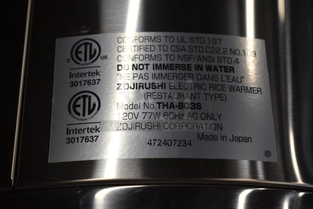 Label on Zojirushi Electric Rice Warmer, Model THA-803S, UL/CSA/NSF certified, 120V, 77W, Made in Japan.