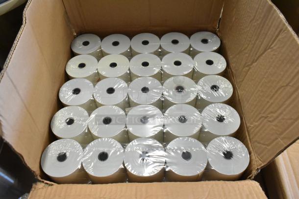 Box of thermal paper rolls, neatly stacked. Each roll is shrink-wrapped. Ideal for receipt printers, excellent condition.