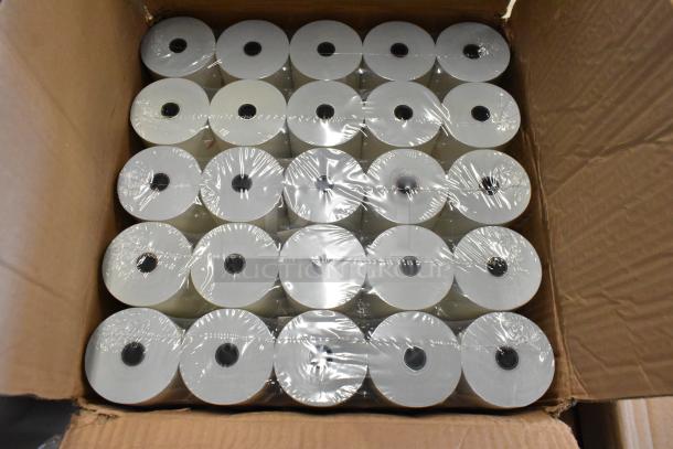 Box of shrink-wrapped thermal paper rolls, new condition, 50 total, for receipt printers.