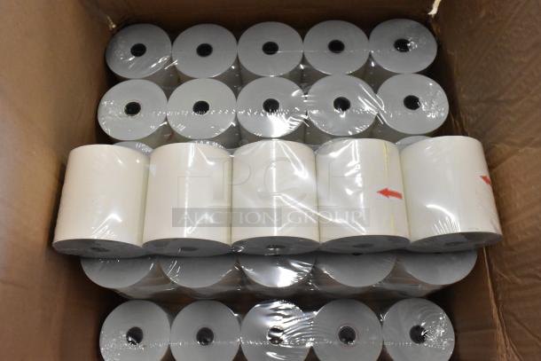 Box of thermal paper rolls, new, in clear plastic wrapping. Ideal for receipt printers. Arrows indicate paper feed direction.