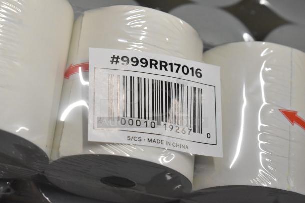 Pack of receipt paper rolls, new condition, barcode #999RR17016, made in China, 5 per case, wrapped in plastic.
