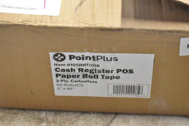 Box of PointPlus cash register POS paper roll tape, 2-ply, carbonless, 50 rolls per case, 3" x 90', item #105RR17016.