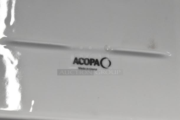 White ceramic plate with "ACOPA" logo and "Made in China" marking. Clean surface, minimal wear.