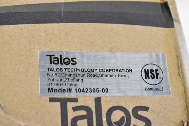 Cardboard box label from Talos Technology Corporation, Model# 1042305-00, NSF certified, address in Zhejiang, China.