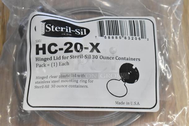 Steril-Sil HC-20-X hinged lid for 30 oz containers, clear plastic with stainless ring, new in packaging, made in USA.