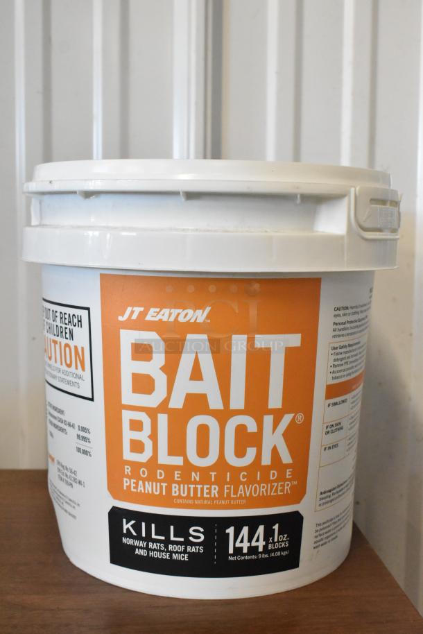 JT Eaton Bait Block Rodenticide, 9 lbs. bucket, peanut butter flavor, kills Norway rats, roof rats, and house mice.