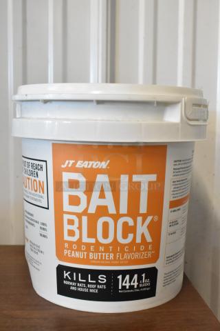 JT Eaton Bait Block Rodenticide, 9 lbs. bucket, peanut butter flavor, kills Norway rats, roof rats, and house mice.