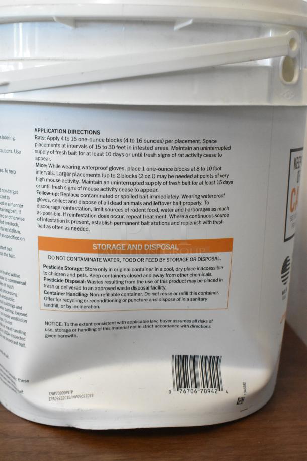 Plastic container with application directions for rodent control. Label includes storage and disposal instructions. EPA code visible.