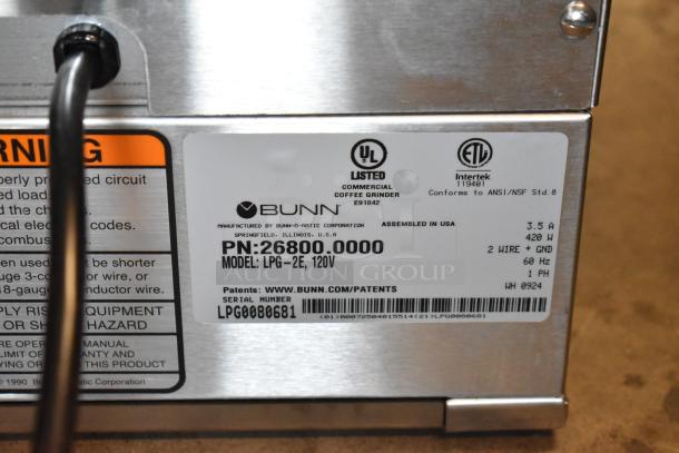 Bunn LPG-2E commercial coffee grinder label, model PN:26800.0000, 120V, 3.5A, UL listed, serial LPG0080681.
